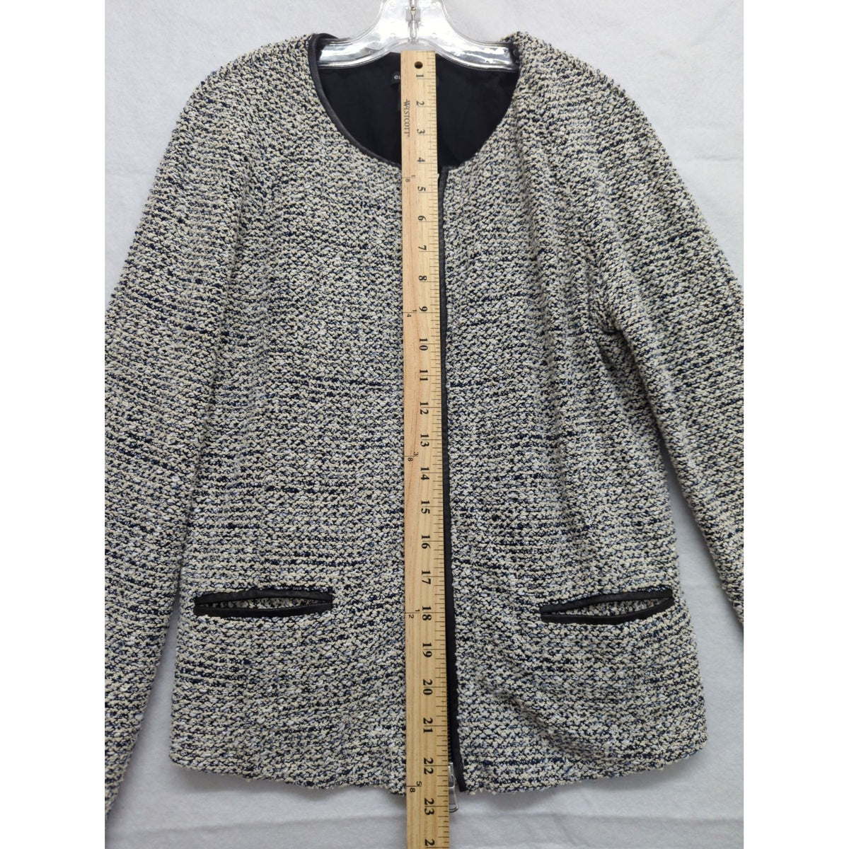 Club Monaco Black & White Tweed Zip-Up Jacket Medium Two Pockets Zipper Cuffs Polyester Blend Made In China