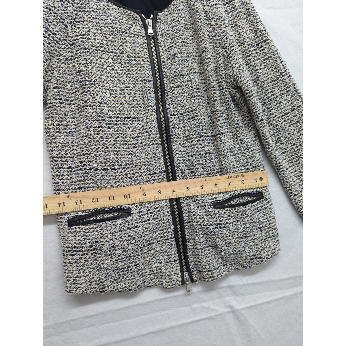Club Monaco Black & White Tweed Zip-Up Jacket Medium Two Pockets Zipper Cuffs Polyester Blend Made In China