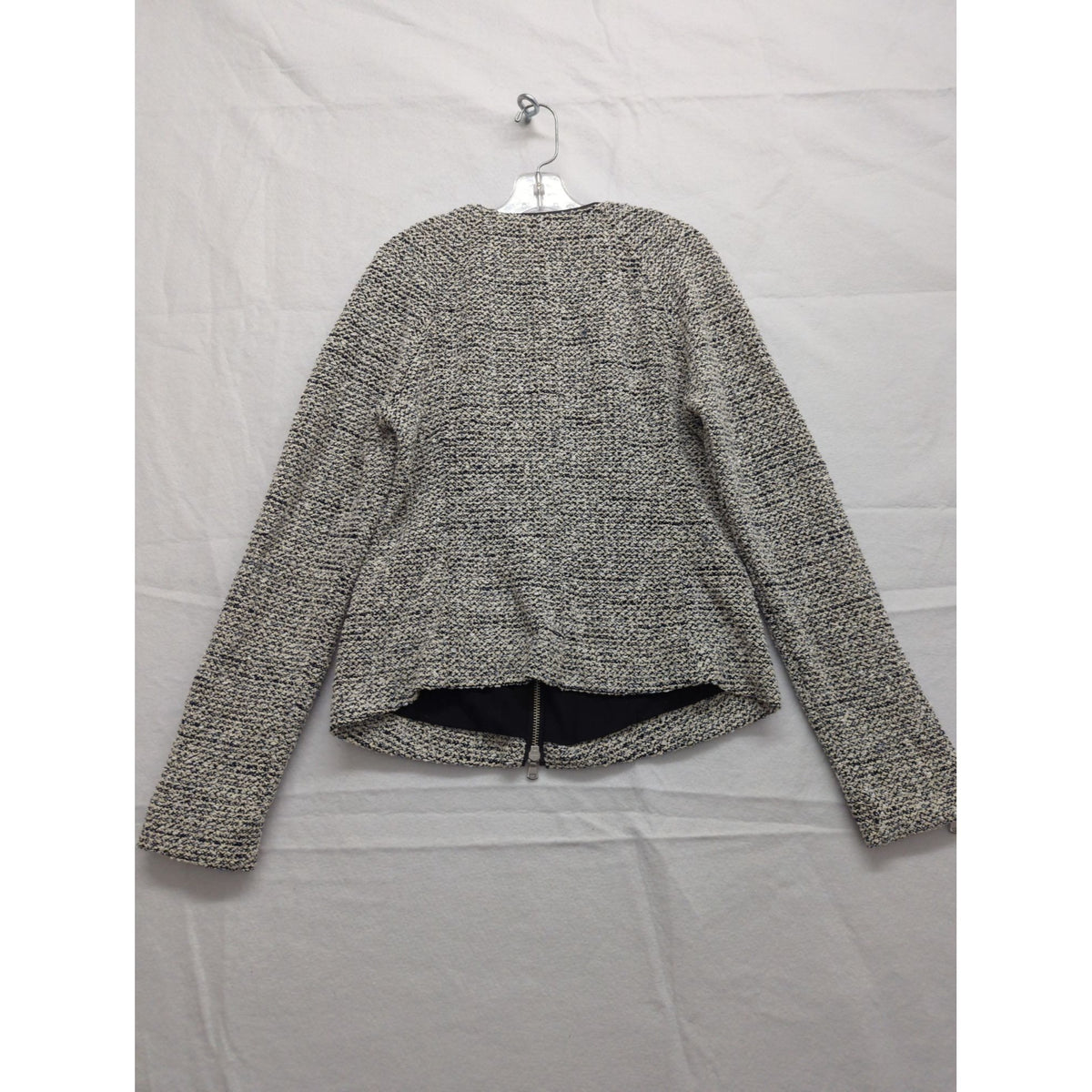 Club Monaco Black & White Tweed Zip-Up Jacket Medium Two Pockets Zipper Cuffs Polyester Blend Made In China