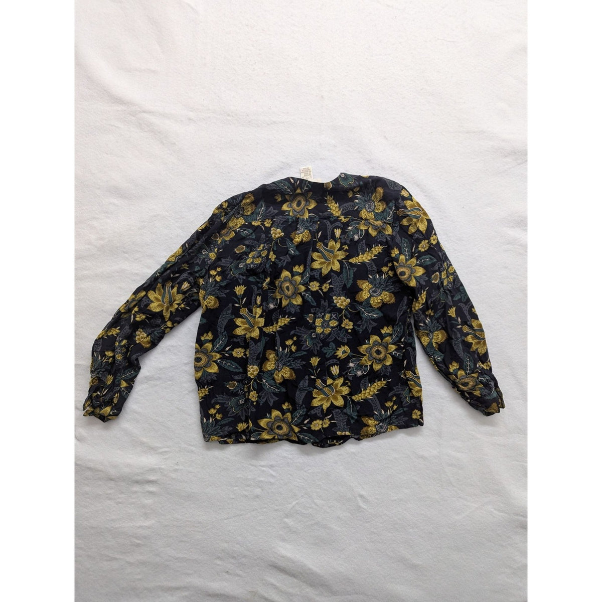 Jones New York Petite Floral Button-Down Blouse Size 10 Black/Yellow Long Sleeve