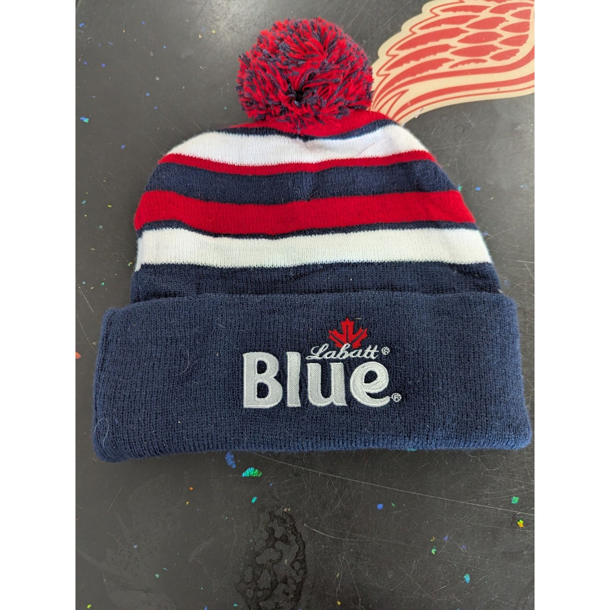 Labatt Blue & Blue Light Knit Pom Beanie Hat Striped Red White Navy Winter