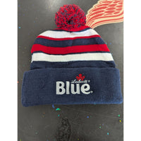 Labatt Blue & Blue Light Knit Pom Beanie Hat Striped Red White Navy Winter
