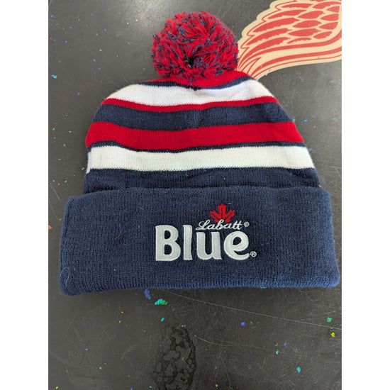 Labatt Blue & Blue Light Knit Pom Beanie Hat Striped Red White Navy Winter