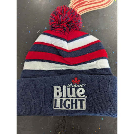 Labatt Blue & Blue Light Knit Pom Beanie Hat Striped Red White Navy Winter