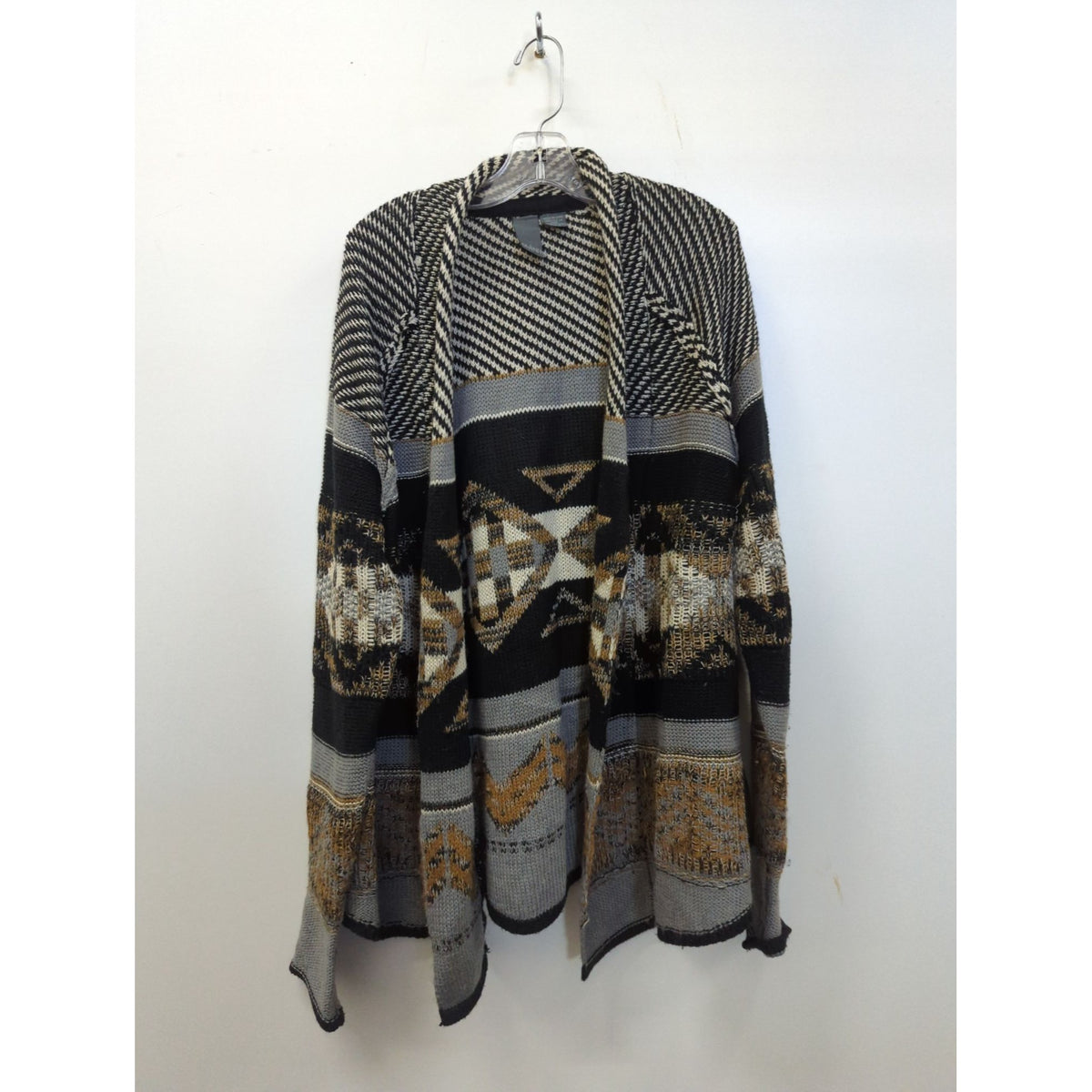 Quinn Geometric Open-Front Knit Cardigan, Black/Gray/Brown, M