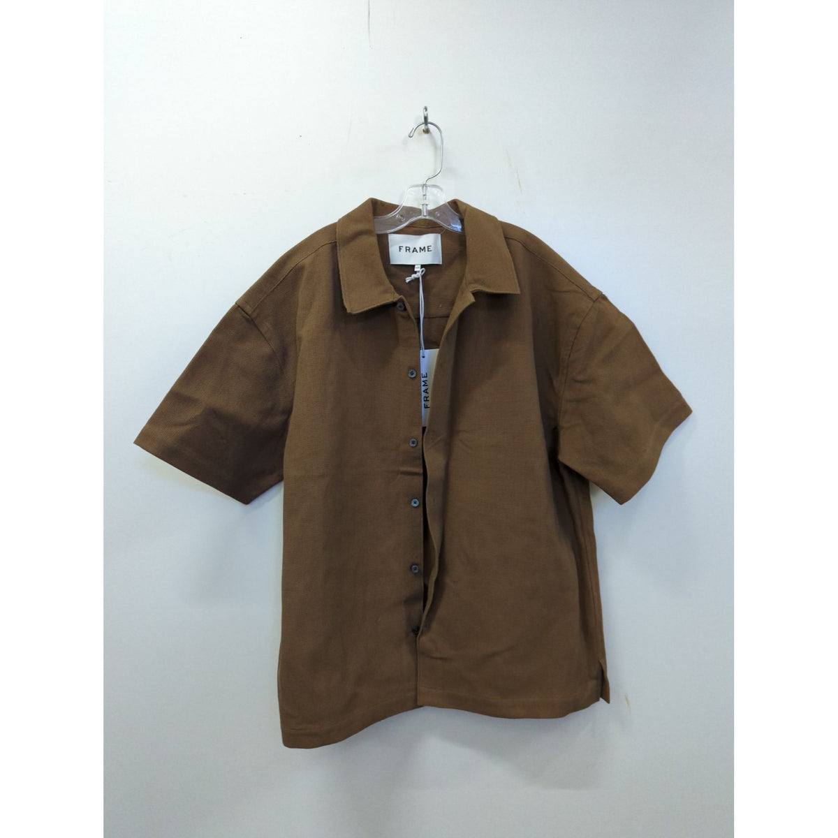 Frame Brown Waffle Knit Button-Up Short-Sleeve Shirt M