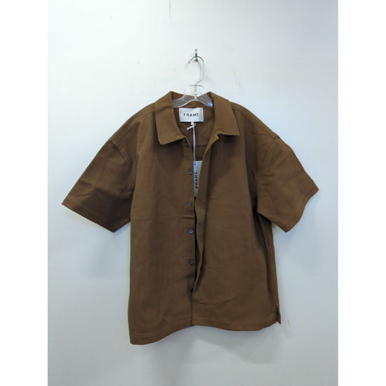 Frame Brown Waffle Knit Button-Up Short-Sleeve Shirt M