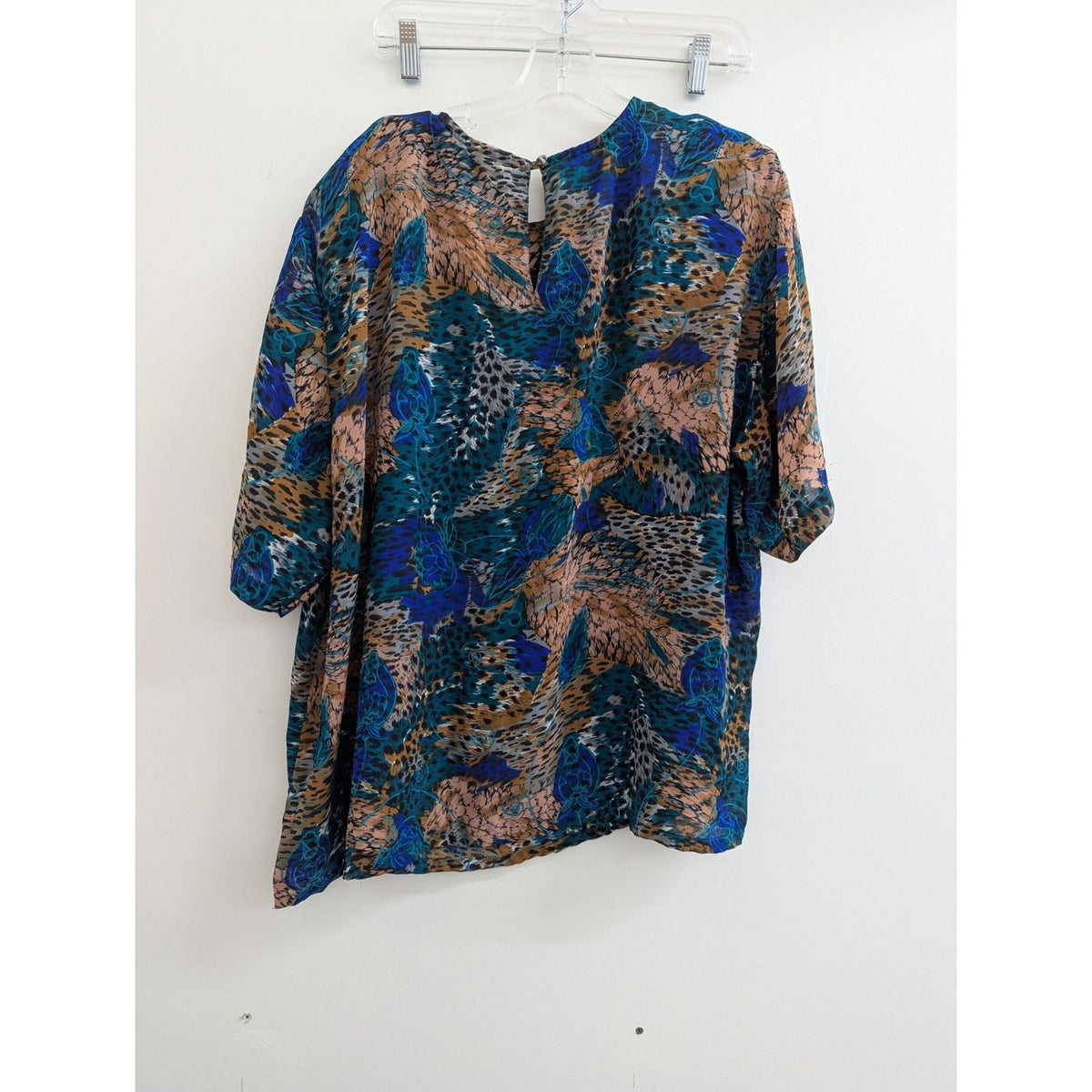 Vintage Jacky Smith Classics Blue Teal Abstract Print Blouse Shirt Top