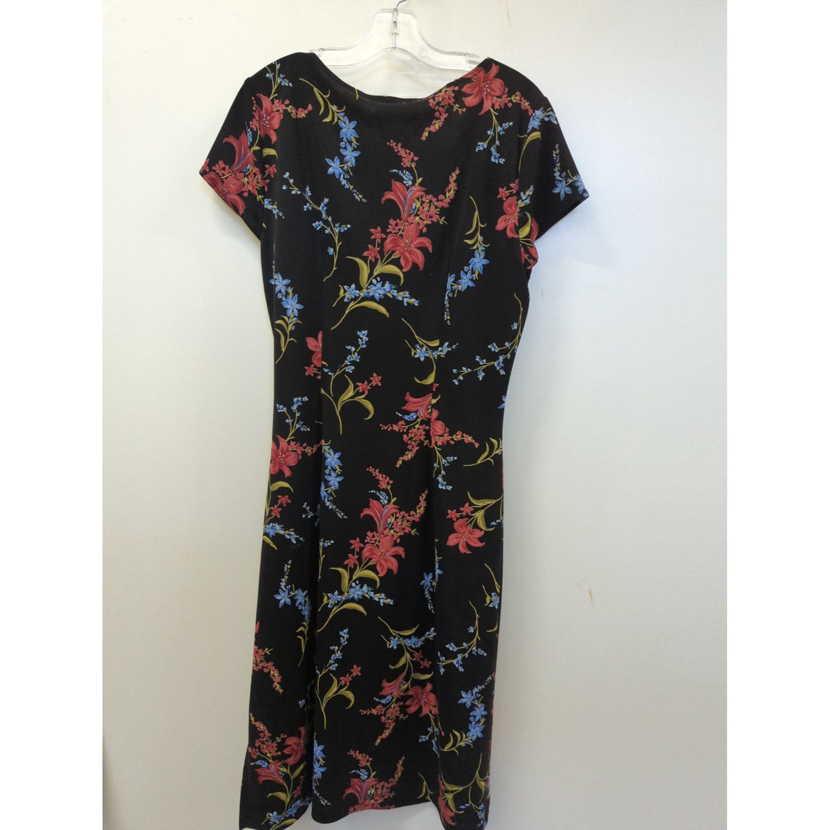 New York & Company Womens Black Floral Knee-Length Dress With Short Sleeves Size M