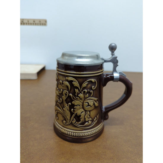 Vintage German Beer Stein With Pewter Lid Floral Relief Design Stoneware Staff Stoneware W. Germany Brown & Beige