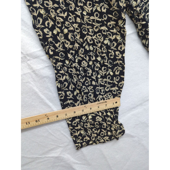 Vintage Blue Womens Floral High-Waisted Rayon Pants Medium Black & Cream