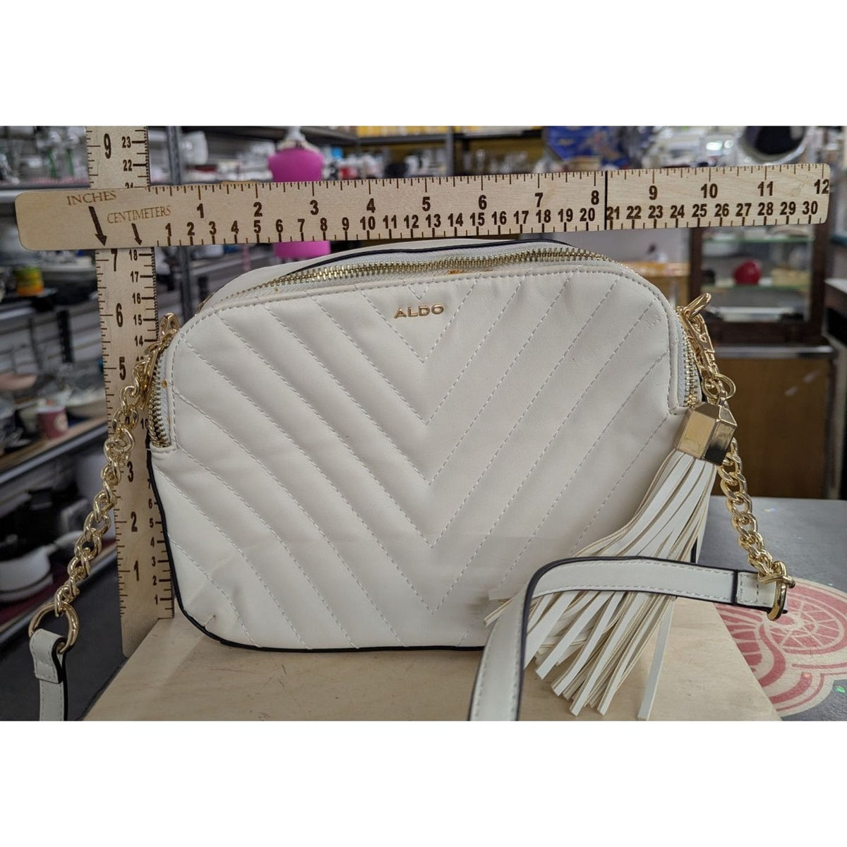 Aldo White Chevron Quilted Crossbody Bag With Gold Chain & Tassel