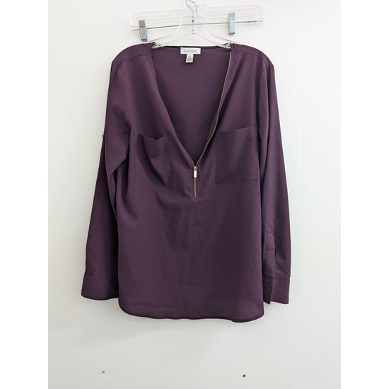 Calvin Klein Plum Long Sleeve Blouse With Gold Zipper Detail L 6/8