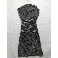 Black & White Leaf Print Ruched Midi Dress Size 8 Made In Korea 100% Polyester