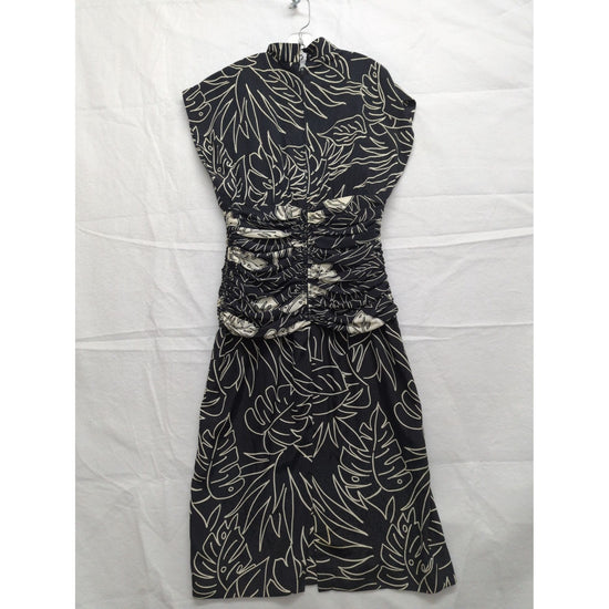 Black & White Leaf Print Ruched Midi Dress Size 8 Made In Korea 100% Polyester