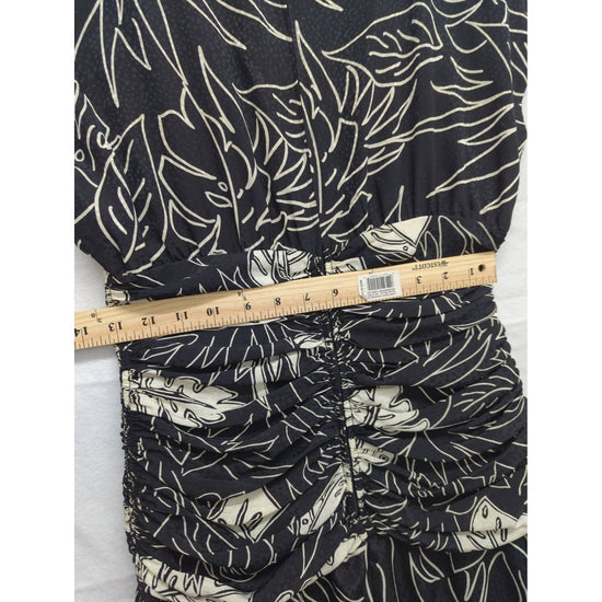 Black & White Leaf Print Ruched Midi Dress Size 8 Made In Korea 100% Polyester
