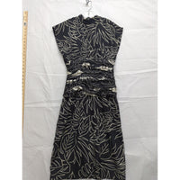 Black & White Leaf Print Ruched Midi Dress Size 8 Made In Korea 100% Polyester