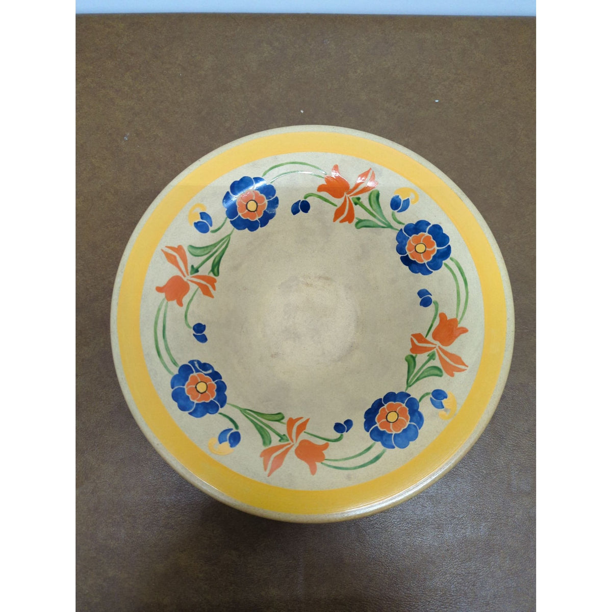 Vintage Ceramic Bowl With Hand-Painted Floral Design & Yellow Rim Mid-Century Modern 10-Inch Diameter Made In Japan