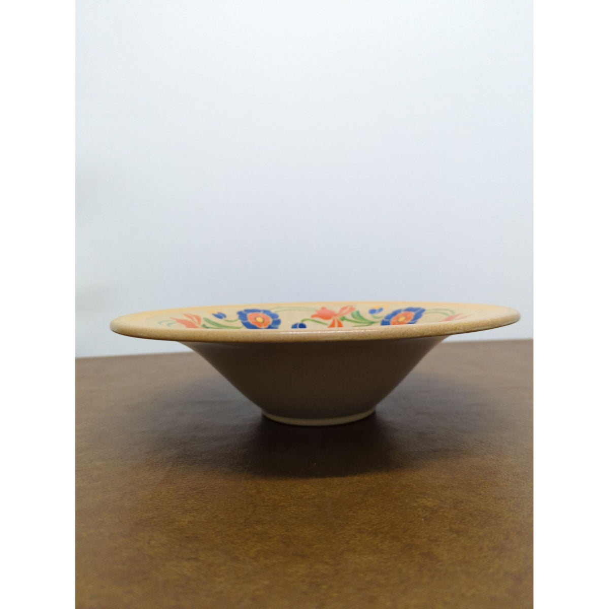 Vintage Ceramic Bowl With Hand-Painted Floral Design & Yellow Rim Mid-Century Modern 10-Inch Diameter Made In Japan