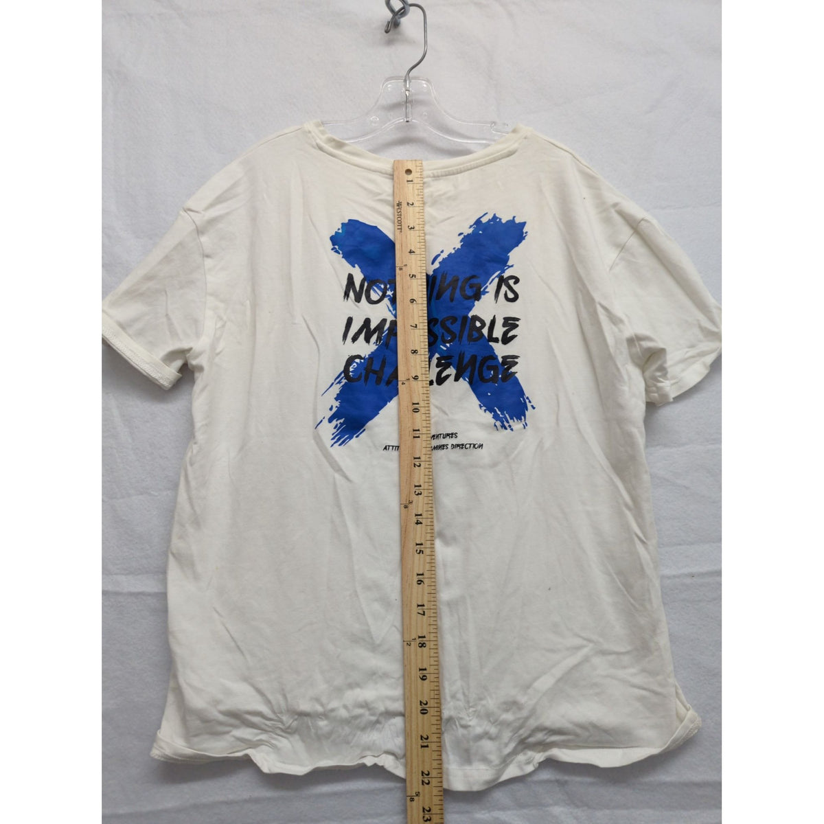 Shein White Graphic Tee "Nothing Is Impossible Challenge" Blue X Print Youth Size 13-14Y