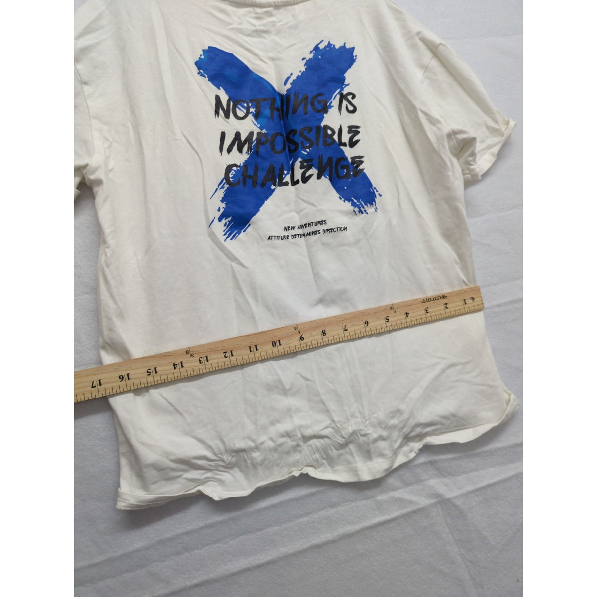 Shein White Graphic Tee "Nothing Is Impossible Challenge" Blue X Print Youth Size 13-14Y
