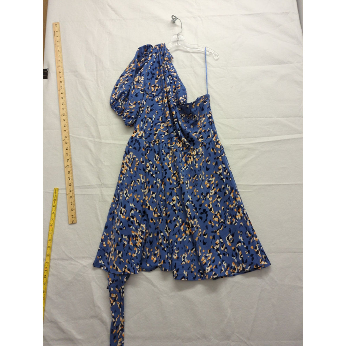 Nine West Blue & Orange Leopard Print Asymmetrical Dress With Puff Sleeve XL