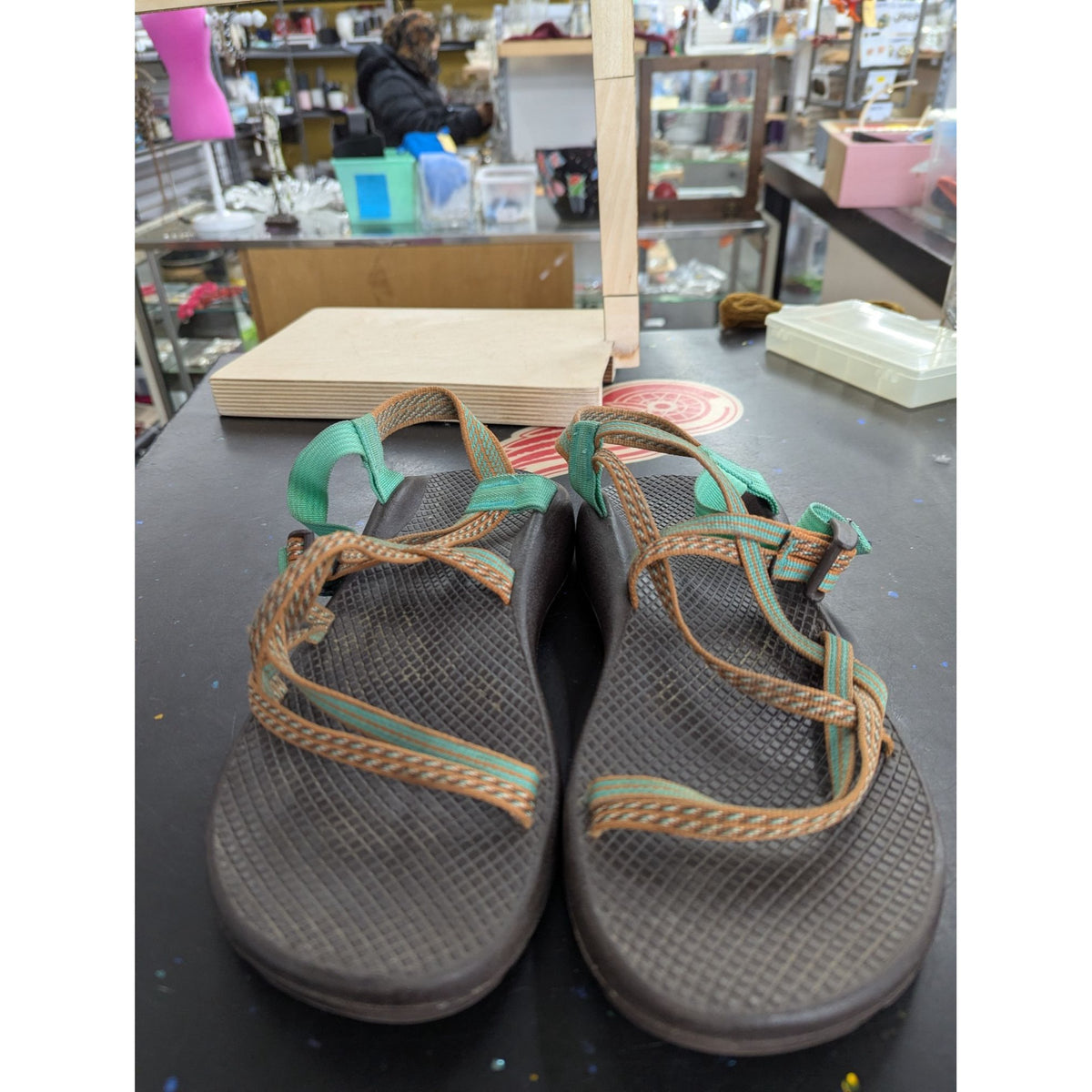 Chaco Womens Size 11 Brown Strappy Sandals With Green & Orange Accents