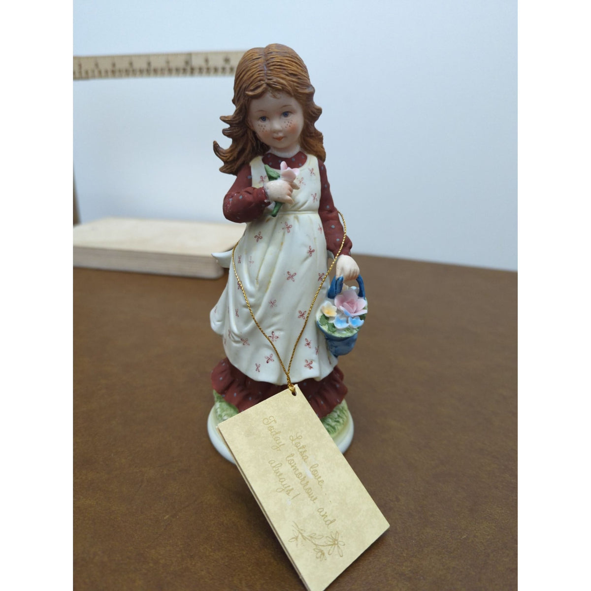 Lladro-Inspired Ceramic Girl Figurine With Flowers "Lotsa Love Today Tomorrow & Always" Tag 8.5 Inches