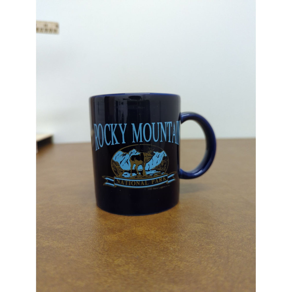 Rocky Mountain National Park Souvenir Ceramic Mug 3.5" Tall Dark Blue With Moose & Mountain Design