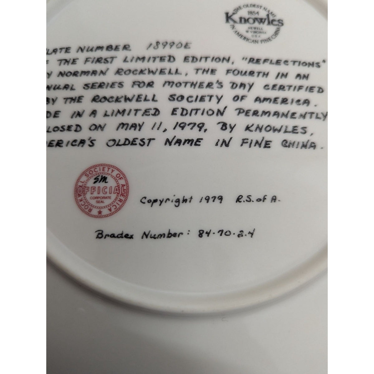 Norman Rockwell Mothers Day 1979 Limited Edition Collectible Plate Reflections K