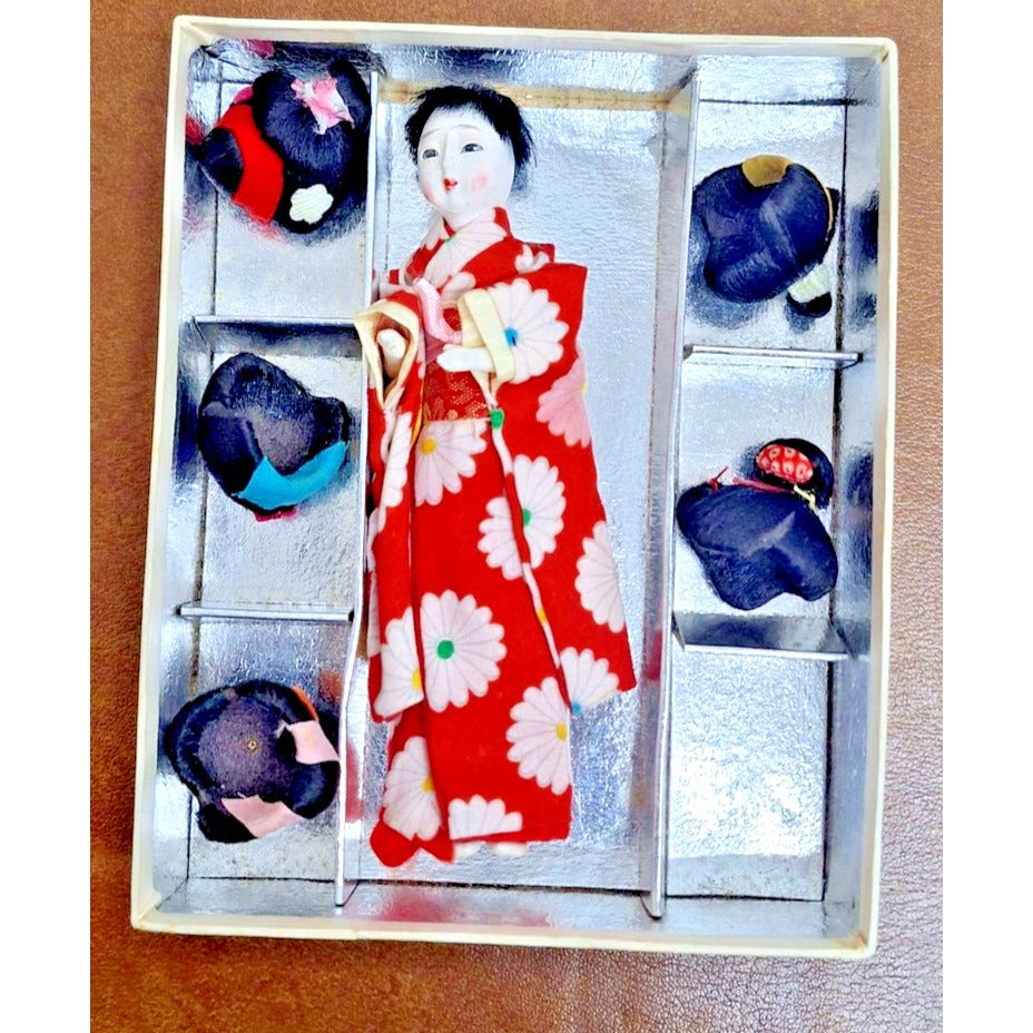Vintage Japanese Kimono Doll With 6 Hairstyle Wigs In Original Box - Handcrafted