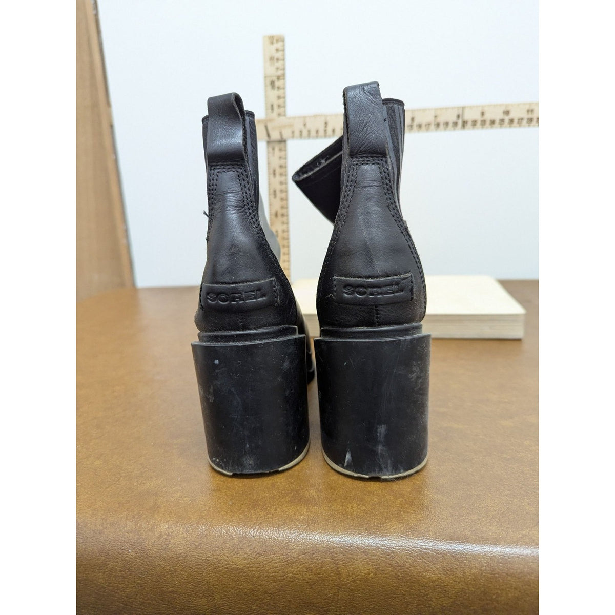 Sorel Black Leather Ankle Boots With Block Heel & Elastic Side Panels