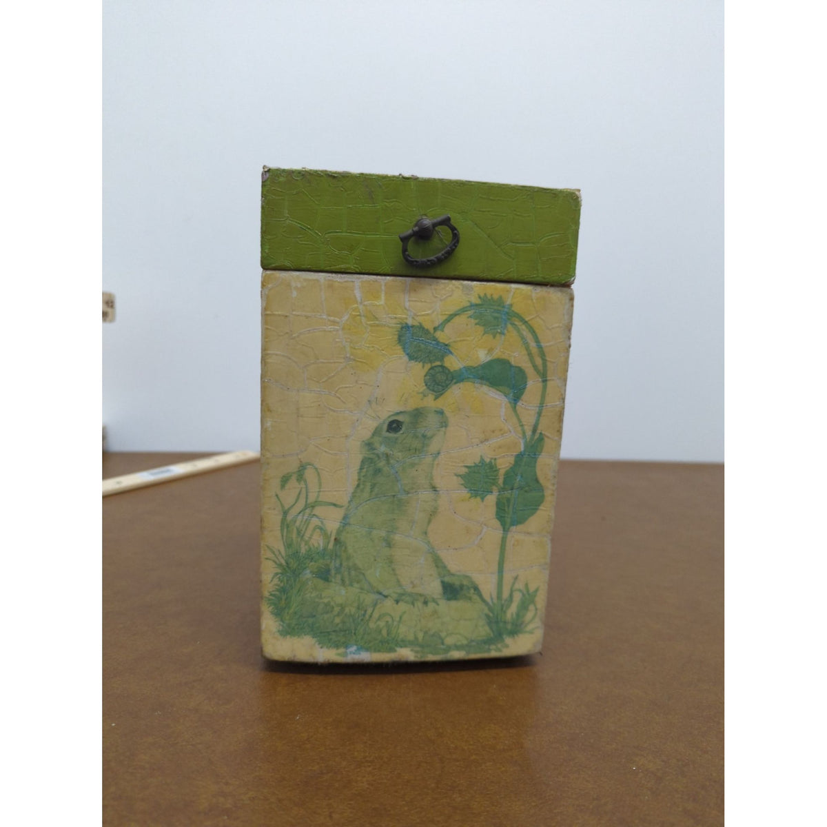 Hand-Painted Wooden Animal-Themed Box With Hinged Lid & Metal Accents 6"x4"x3"