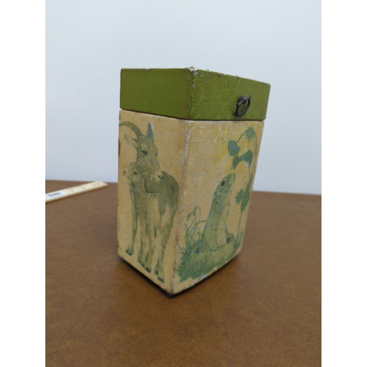 Hand-Painted Wooden Animal-Themed Box With Hinged Lid & Metal Accents 6"x4"x3"