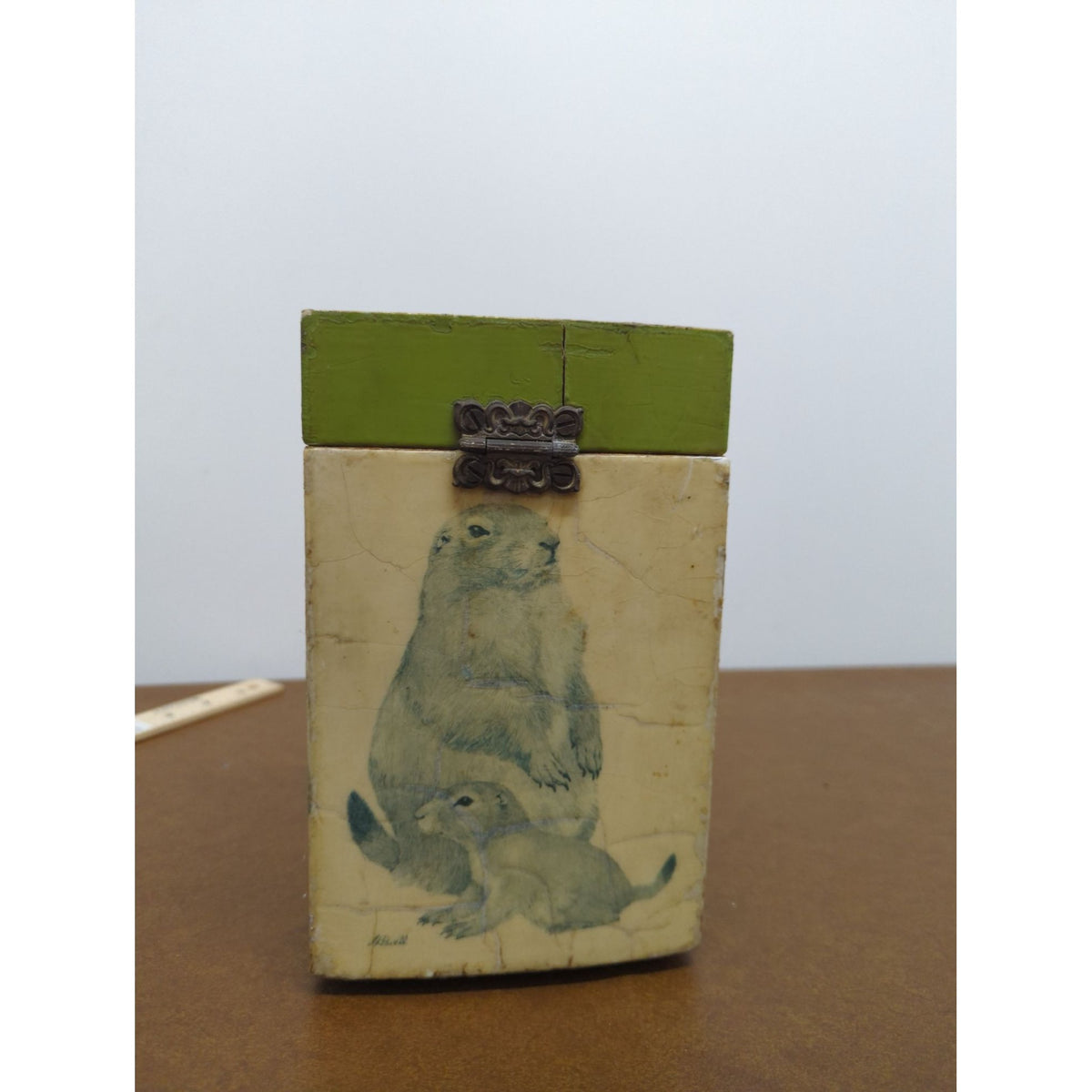 Hand-Painted Wooden Animal-Themed Box With Hinged Lid & Metal Accents 6"x4"x3"