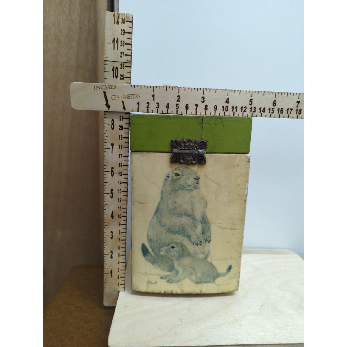 Hand-Painted Wooden Animal-Themed Box With Hinged Lid & Metal Accents 6"x4"x3"