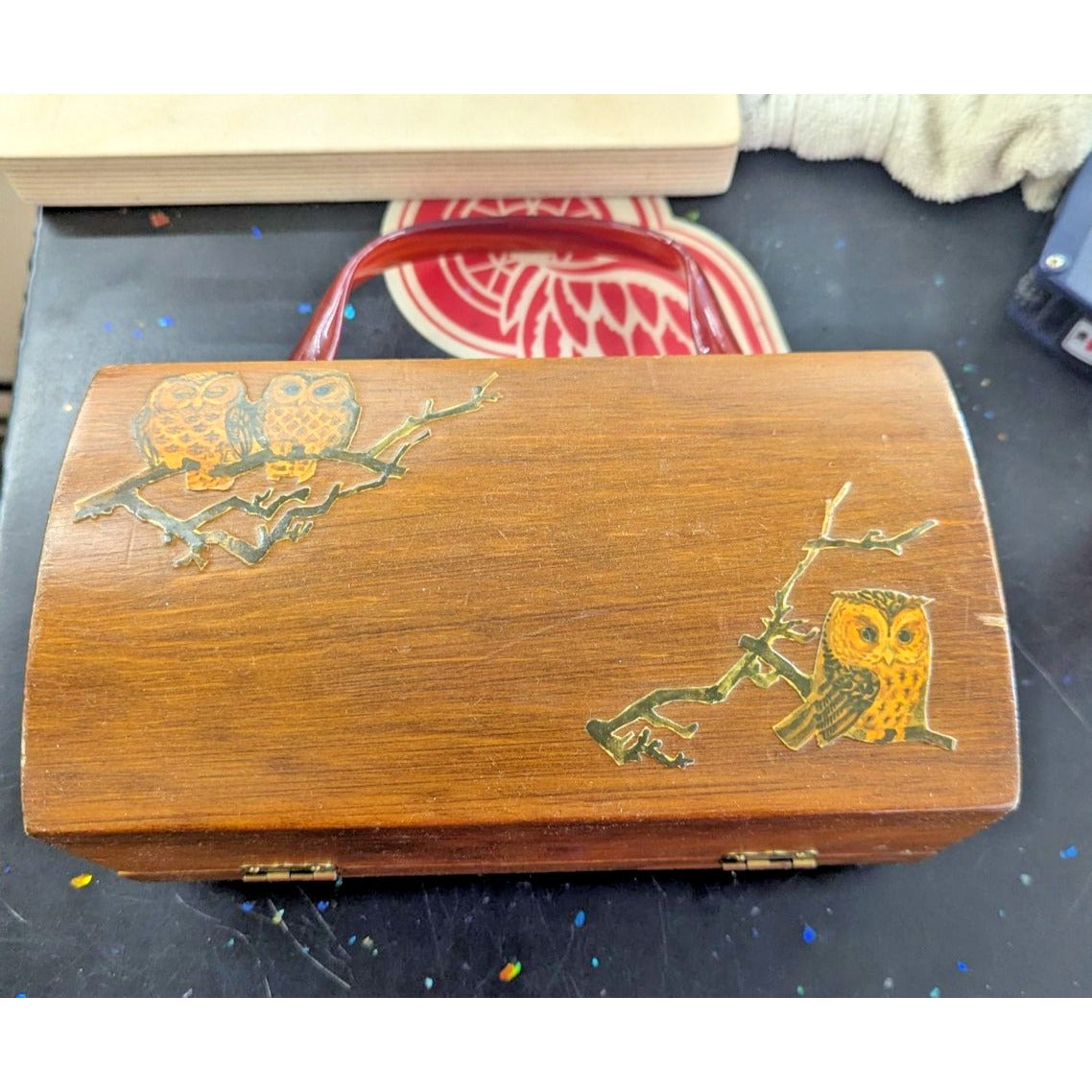 Vintage Wooden Owl Handbag With Red Acrylic Handle & Brass Clasp