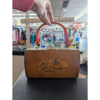 Vintage Wooden Owl Handbag With Red Acrylic Handle & Brass Clasp