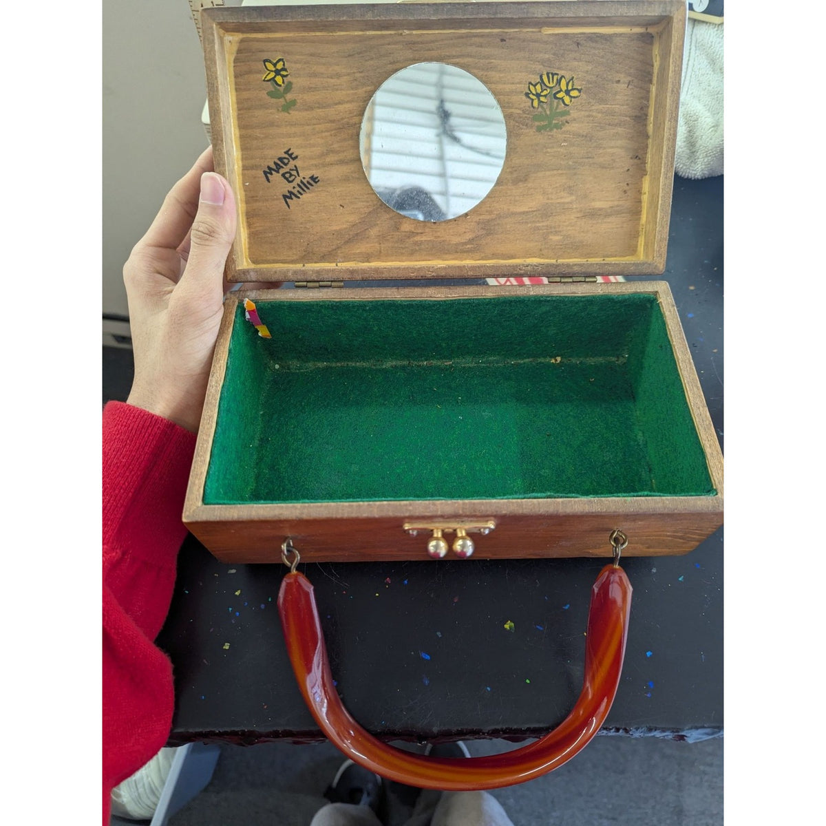 Vintage Wooden Owl Handbag With Red Acrylic Handle & Brass Clasp