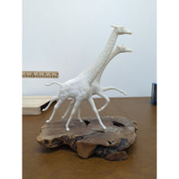 Abstract White Giraffe Sculpture With Wooden Base Modern Art Design Unique Decor Piece