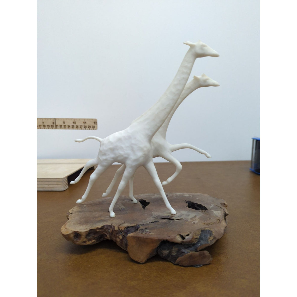 Abstract White Giraffe Sculpture With Wooden Base Modern Art Design Unique Decor Piece