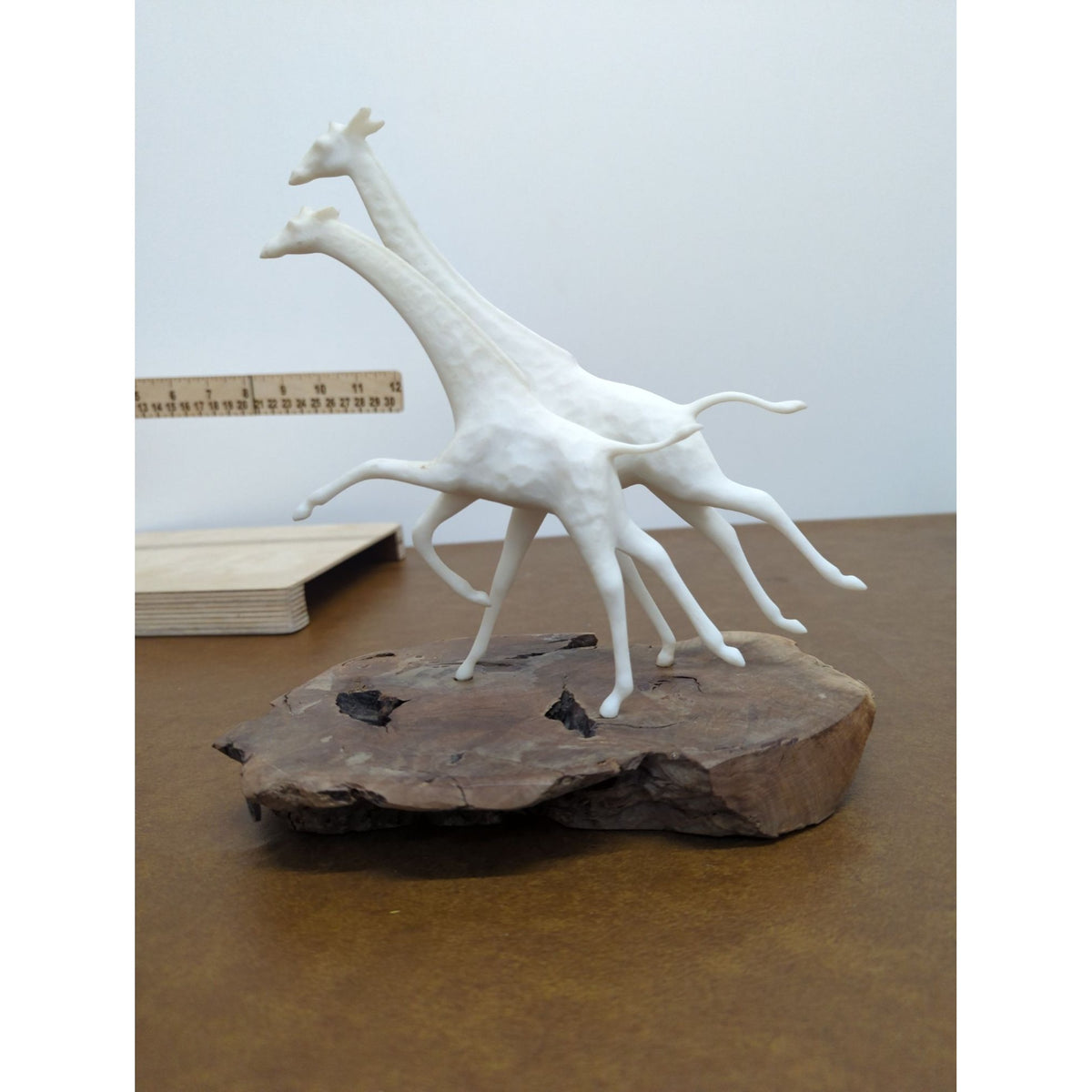 Abstract White Giraffe Sculpture With Wooden Base Modern Art Design Unique Decor Piece