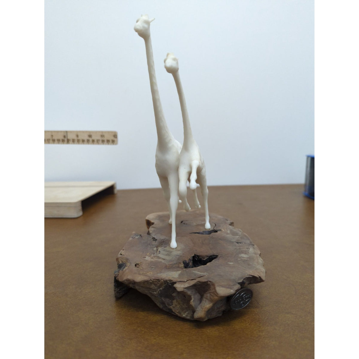 Abstract White Giraffe Sculpture With Wooden Base Modern Art Design Unique Decor Piece