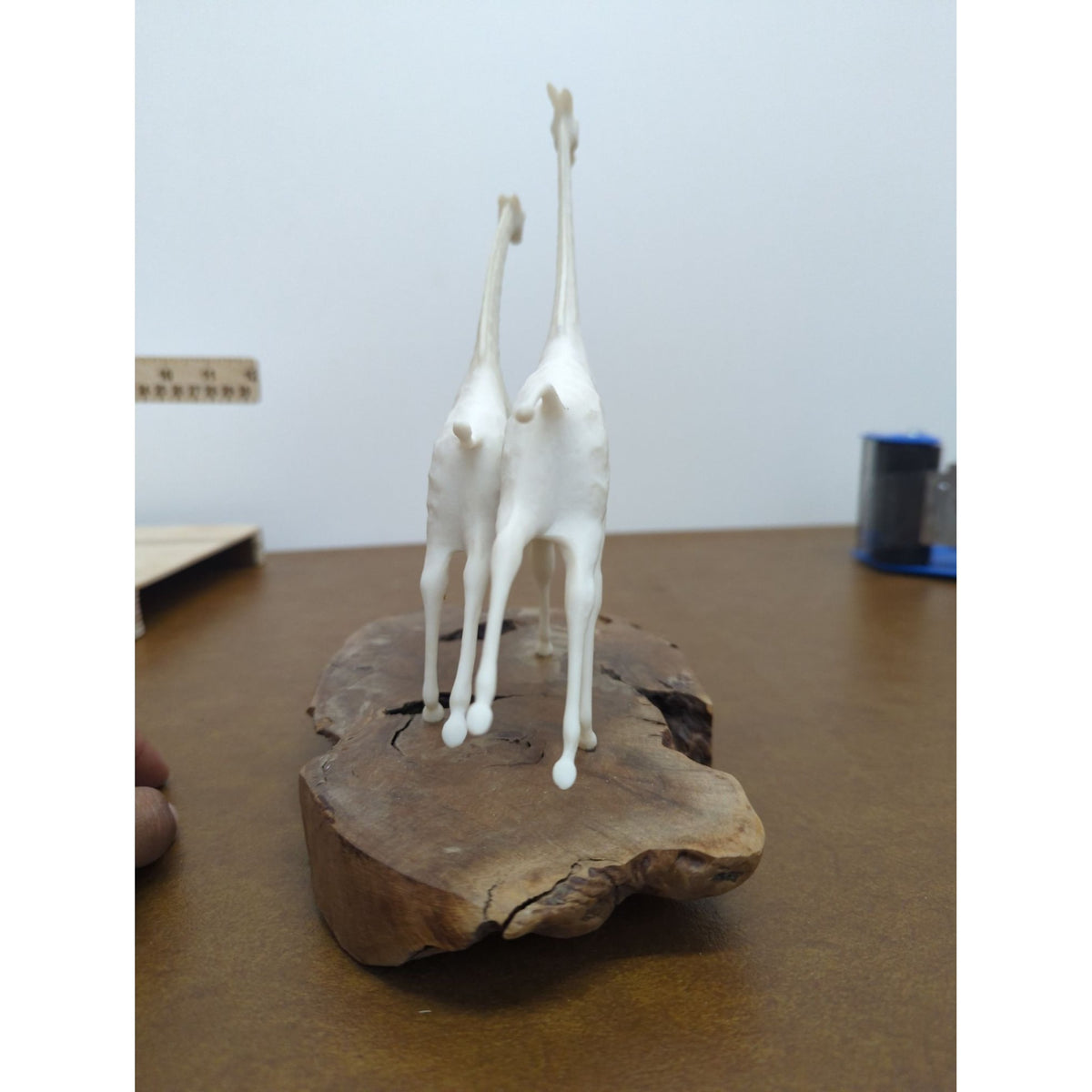 Abstract White Giraffe Sculpture With Wooden Base Modern Art Design Unique Decor Piece