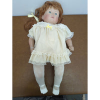 Vintage Porcelain Doll With Red Hair Yellow Polka Dot Dress & Lace Details 22 Inches