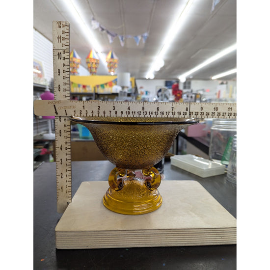 Amber Glass Compote Bowl With Textured Design & Ornate Base - 6.5" Height x 6.75" Diameter
