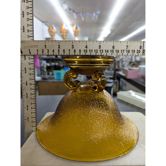 Amber Glass Compote Bowl With Textured Design & Ornate Base - 6.5" Height x 6.75" Diameter