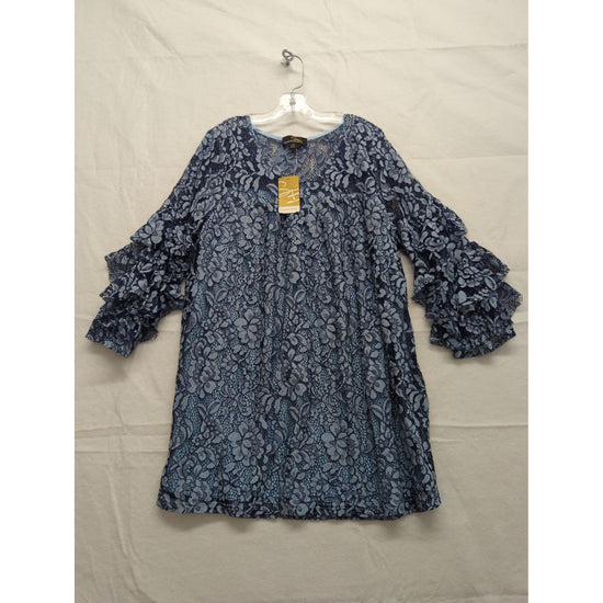Suzanne Betro Blue Floral Lace Ruffle Sleeve Tunic Blouse Small