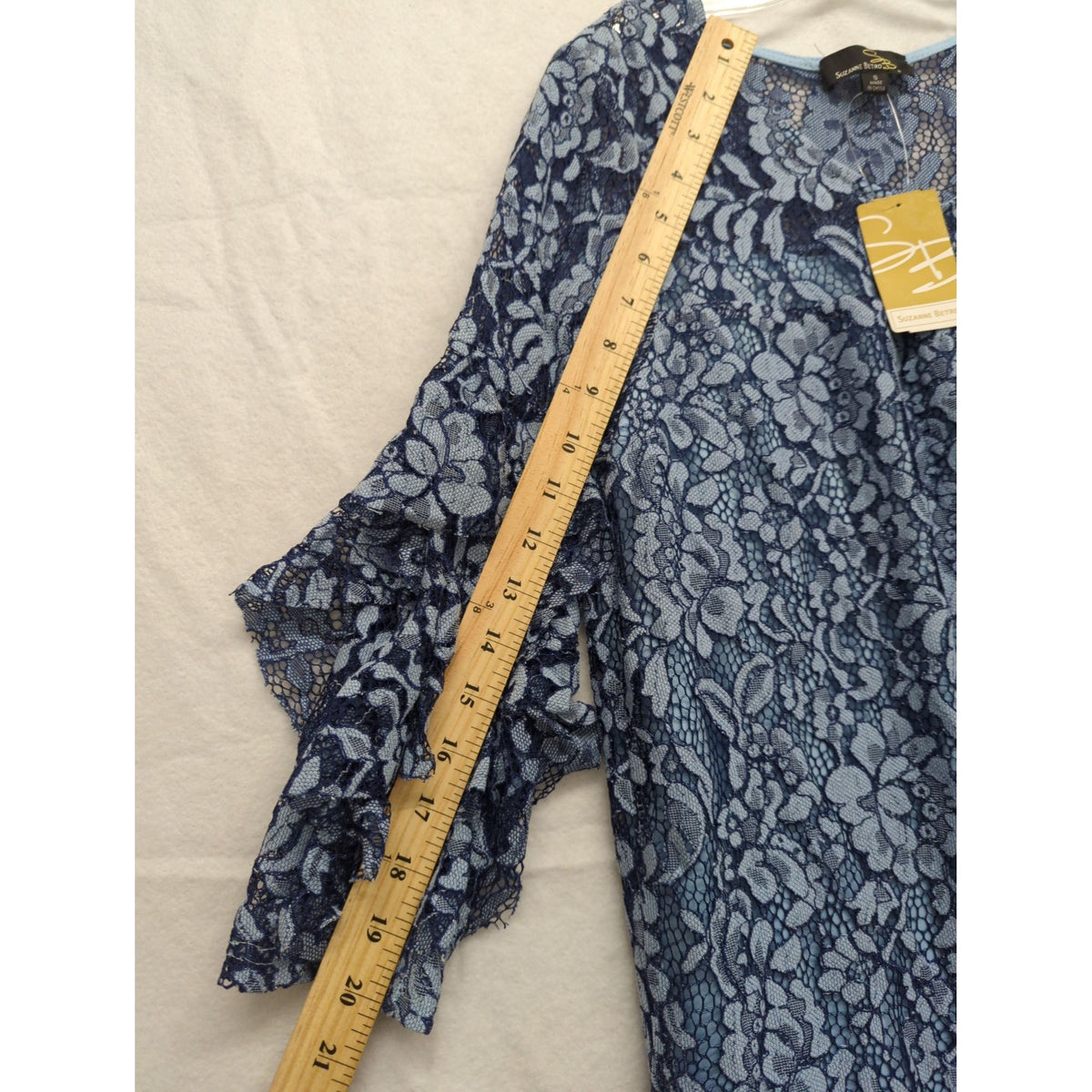 Suzanne Betro Blue Floral Lace Ruffle Sleeve Tunic Blouse Small
