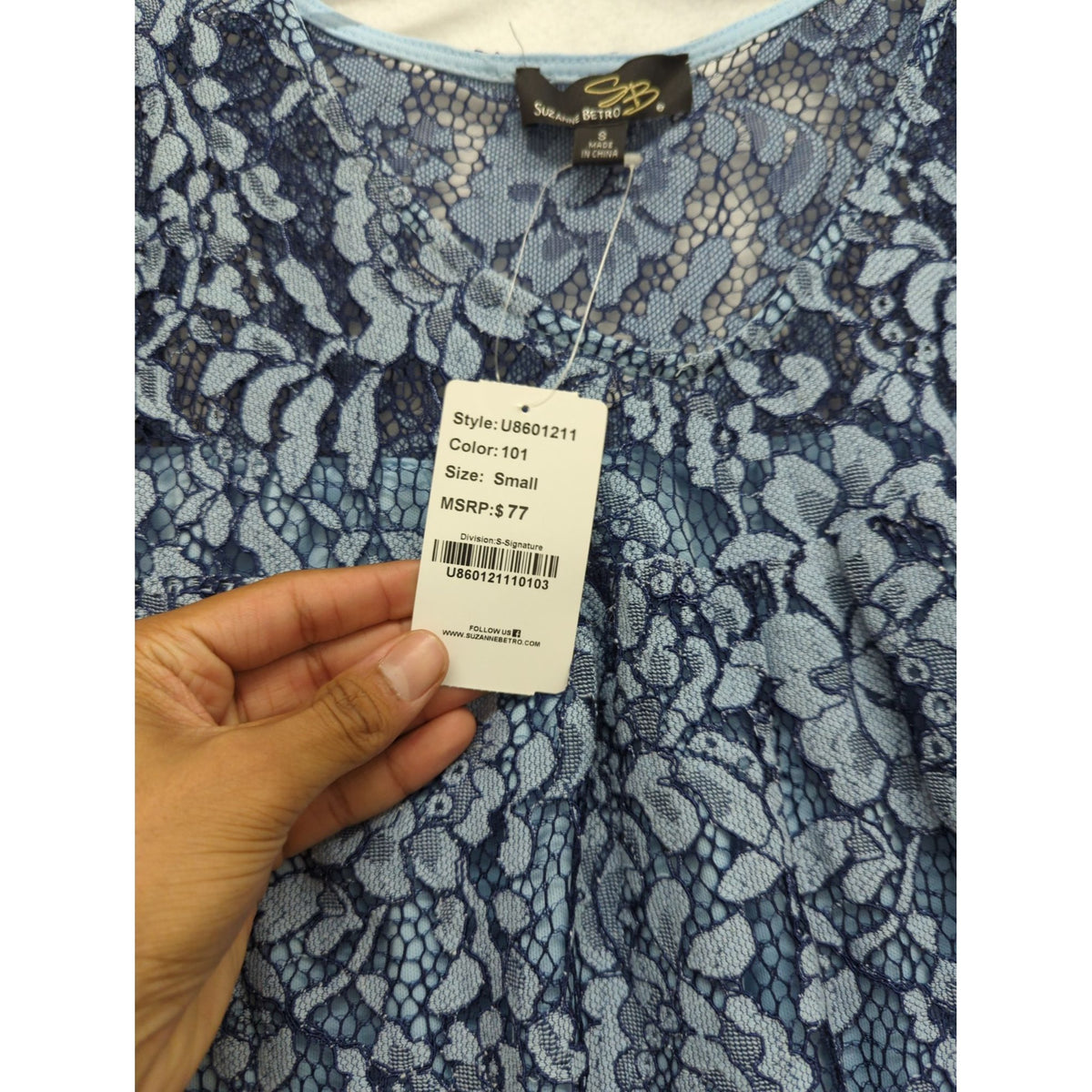 Suzanne Betro Blue Floral Lace Ruffle Sleeve Tunic Blouse Small